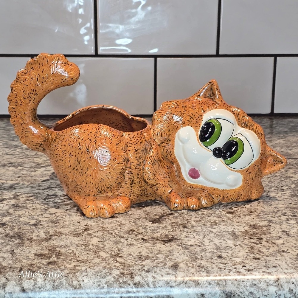 Cat Planter Large Ceramic Vintage Orange White Kitty Kitten Green Eye Home Decor